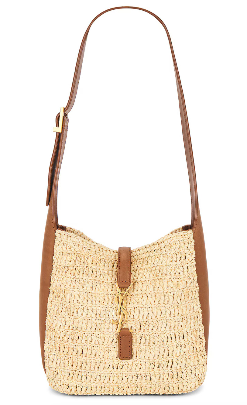 Saint Laurent Baby Le 5 A 7 Raffia Beige Brown YSL Logo Hobo Shoulder Bucket Bag